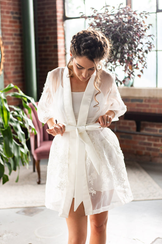 Tatum Long Sheer White Organza Bridal Robe with Tie Waist | Pantora -  Pantora Inc.